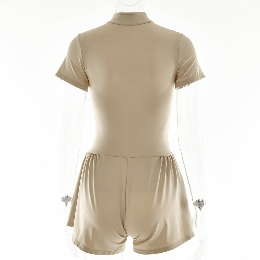 Back view of Sexy O-Neck Short Sleeves Zipper Bodysuit, showcasing slim fit and thick fabric in beige color, perfect for sporty style.